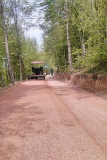 Ormanlık alanda asfaltlanan yol ve iş makinesi
